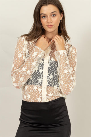 Cream Floral Lace Button-Up Blouse