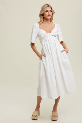 White Poplin Cotton Midi Dress With Front Twist