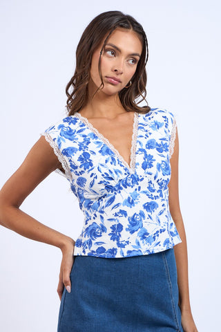 Blue Navy Floral Plunging V-Neck Open Back Lace Trim Crop Top