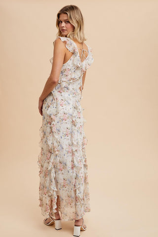 Ivory Floral Ruffled Chiffon Dress