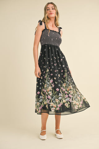 Black Multi Floral Contrast Thread Smocked Floral Midi Dress