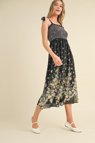 Black Multi Floral Contrast Thread Smocked Floral Midi Dress