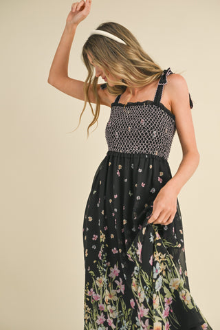 Black Multi Floral Contrast Thread Smocked Floral Midi Dress