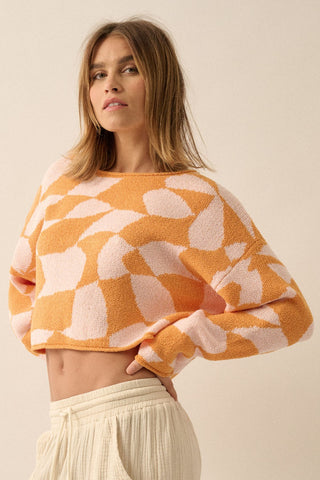 Apricot Pink Abstract Boat-Neck Colorblock Cropped Sweater