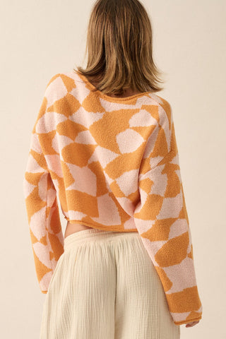 Apricot Pink Abstract Boat-Neck Colorblock Cropped Sweater