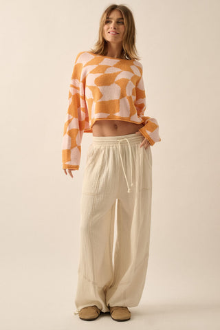 Apricot Pink Abstract Boat-Neck Colorblock Cropped Sweater