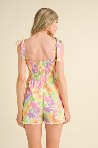 Lime Orange Floral Romper With Scallop Stitch Trim