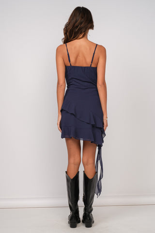 Navy Adjustable Strap High-Low Ruffle Point Mini Dress