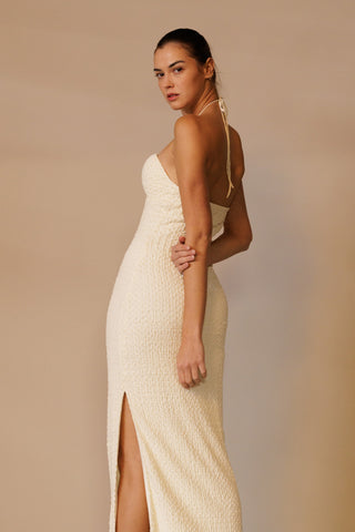 Cream Textured Knit Halter Neck Maxi Dress