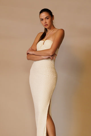 Cream Textured Knit Halter Neck Maxi Dress