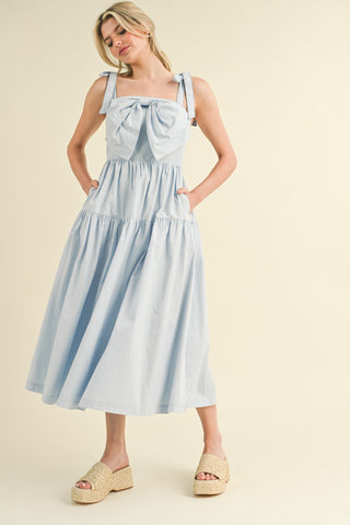 Light Blue Bow Front Scalloped Midi Dress