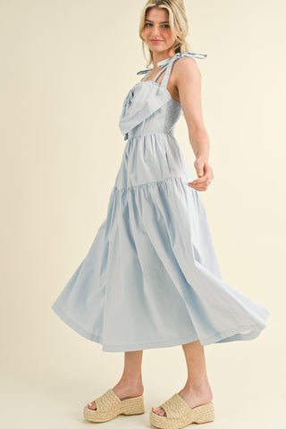 Light Blue Bow Front Scalloped Midi Dress