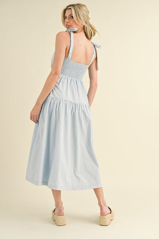 Light Blue Bow Front Scalloped Midi Dress