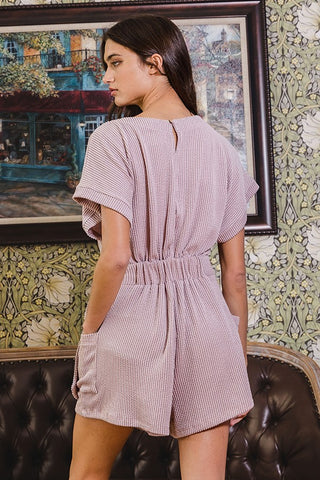 Mauve Waist Tie Detail Solid Ribbed Knit Romper