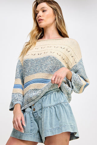 Natural Blue Open-Stitch Sweater Top