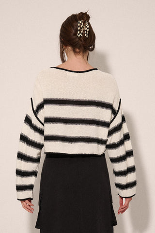 Cream Black Stripe Round Neck Expose Seam Sweater