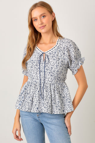 Ivory Navy Ditsy Floral Blouse