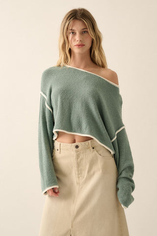 Pine Green Loose Knit Boat Neck Exposed Seam Crop Sweater