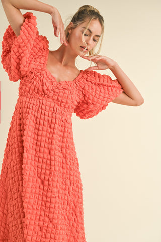 Coral Orange Textured Bubble Sleeve Midi Dress