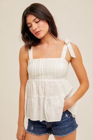 White Square Neck Tie Shoulder Smocked Babydoll Tank