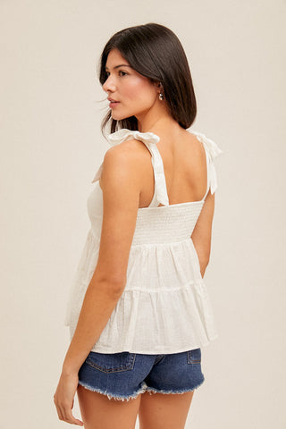 White Square Neck Tie Shoulder Smocked Babydoll Tank