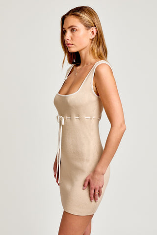 Beige White Stitch Detail Square Neck Sleeveless Sweater Dress