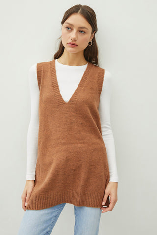 Pecan Oversize V-Neck Long Soft Sweater Vest With Pockets