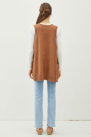 Pecan Oversize V-Neck Long Soft Sweater Vest With Pockets