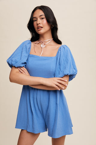 Bright Blue Square Neck Puff Sleeve Babydoll Romper