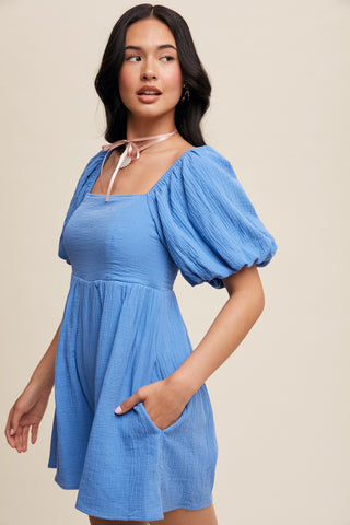 Bright Blue Square Neck Puff Sleeve Babydoll Romper