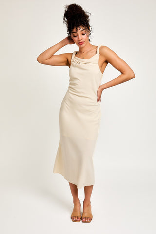 Cream Twist Detail U-Neck Midi Dress