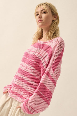 Pink Oversized Stripe Colorblock Crochet Knit Sweater