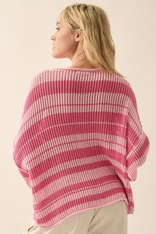 Pink Oversized Stripe Colorblock Crochet Knit Sweater