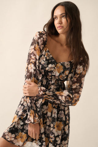 Black Floral Sweetheart Woven Mini Dress