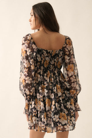 Black Floral Sweetheart Woven Mini Dress