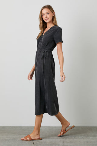 Black Chambray Wrap Midi Dress