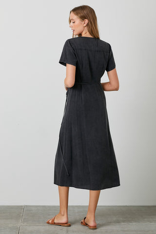 Black Chambray Wrap Midi Dress