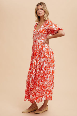 Coral Red Resort Print Puff Sleeve Maxi Dress