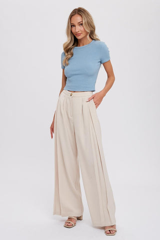 Beige Pintuck Wide Leg Pants