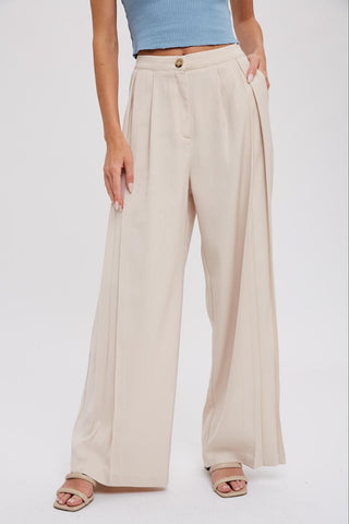 Beige Pintuck Wide Leg Pants