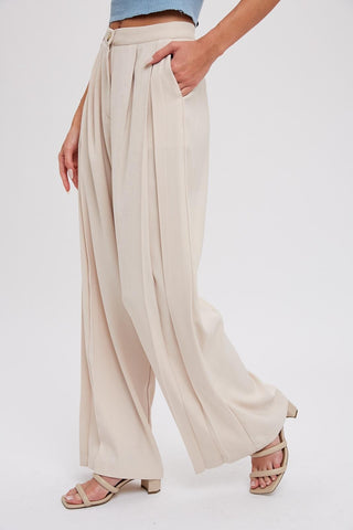 Beige Pintuck Wide Leg Pants