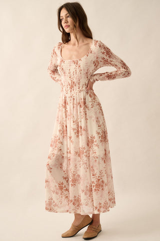 Cream Floral Smocked Woven Maxi Dress