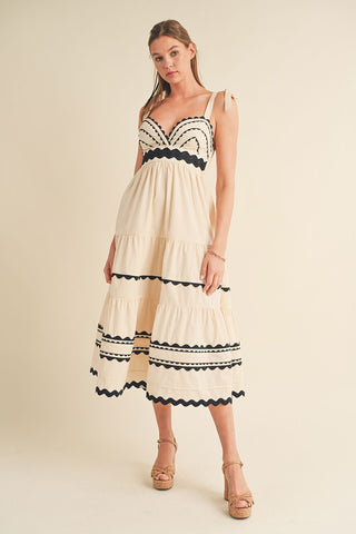 Almond Cream Tiered Trim Midi Dress