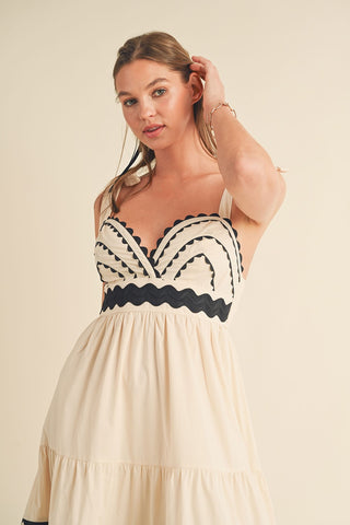 Almond Cream Tiered Trim Midi Dress