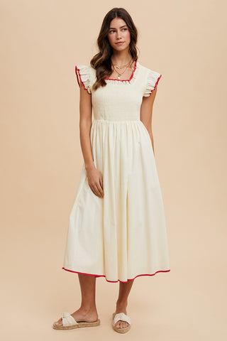 Cream Red Contrast Binding Detail Smocking Midi Dress