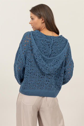 Teal Open-Stitch Hoodie Crochet Sweater