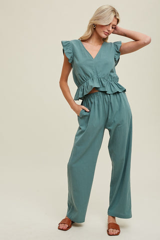 Green Ruffle Relaxed Crop Top And Pants Set