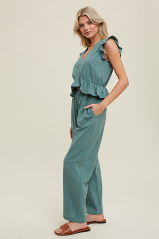 Green Ruffle Relaxed Crop Top And Pants Set