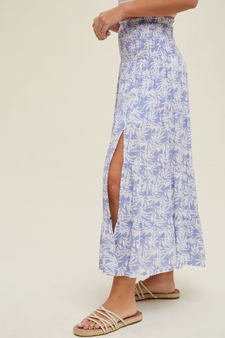 Blue Tropical Tiered Midi Skirt With Slit