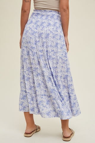 Blue Tropical Tiered Midi Skirt With Slit